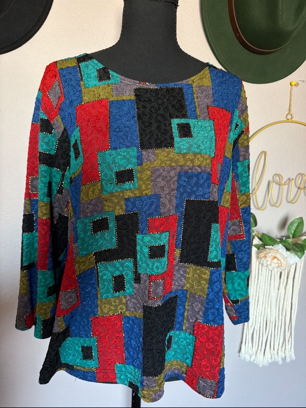 Vintage Women’s Multicolor Geometric Long-Sleeve Top